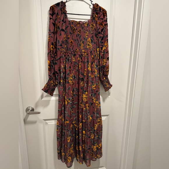 Burgundy and Gold Floral Long Sleeve Dress - Picture 2 of 16